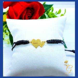 18K Real Solid Gold Love Heart with Black Braided String Bracelet